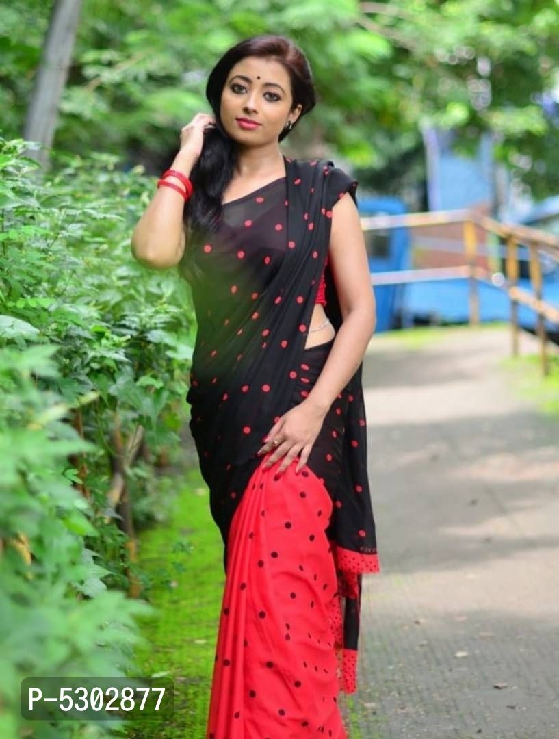 Red Polka Dot Daily Wear Printed Georgette Saree with Blouse Piece